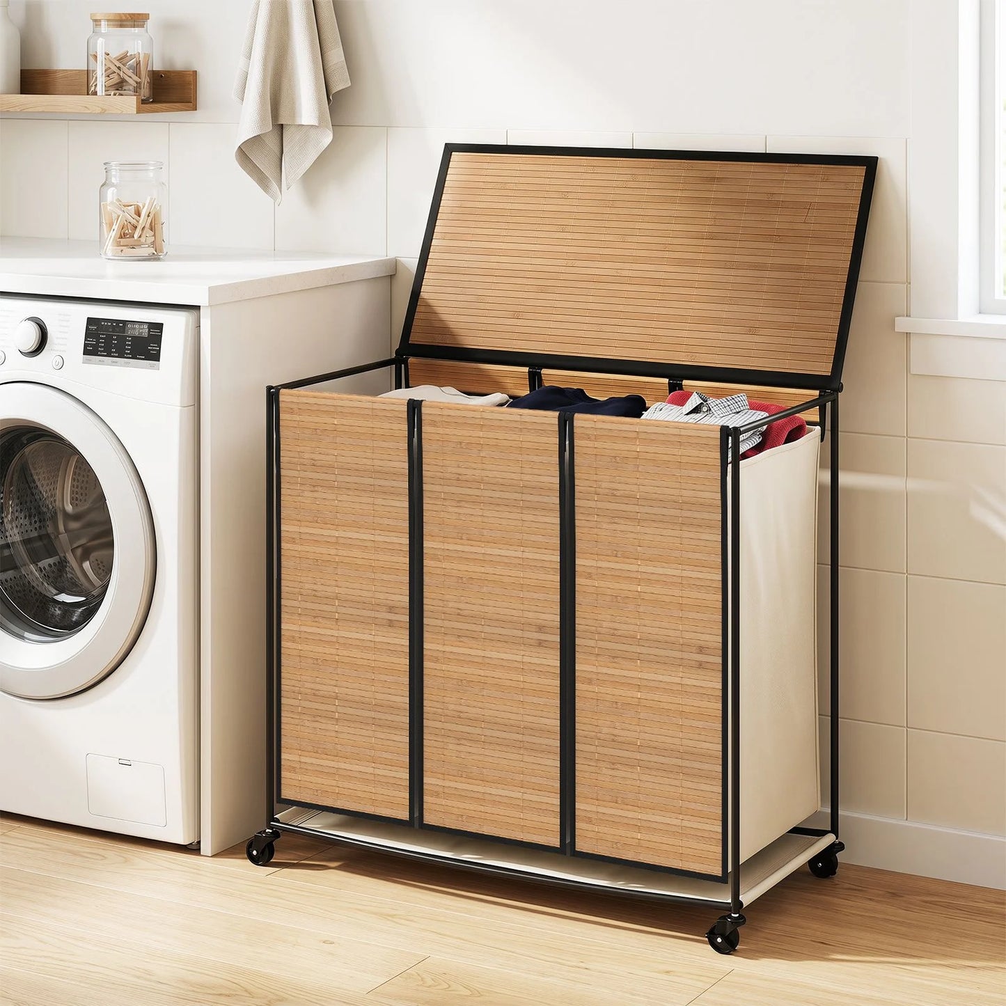 66CM Tall Rolling Laundry Hamper with 3 Sections and Lid and Lockable Wheels
