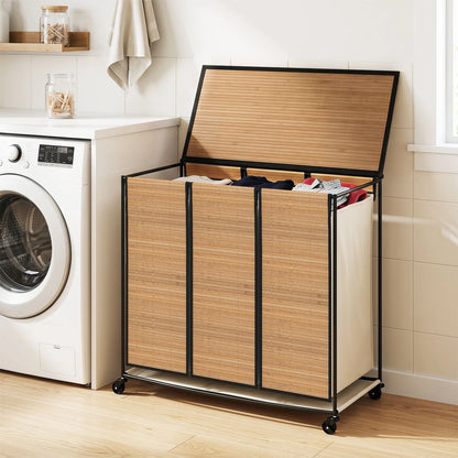 66CM Tall Rolling Laundry Hamper with 3 Sections and Lid and Lockable Wheels