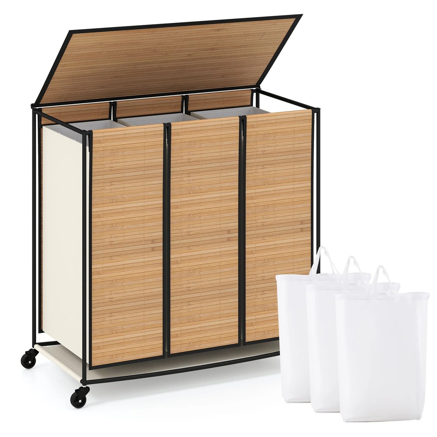 66CM Tall Rolling Laundry Hamper with 3 Sections and Lid and Lockable Wheels