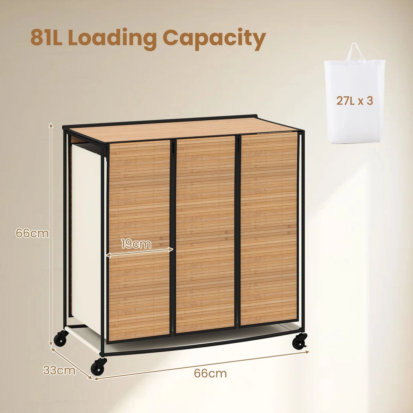 66CM Tall Rolling Laundry Hamper with 3 Sections and Lid and Lockable Wheels