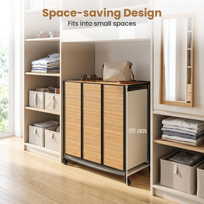 66CM Tall Rolling Laundry Hamper with 3 Sections and Lid and Lockable Wheels