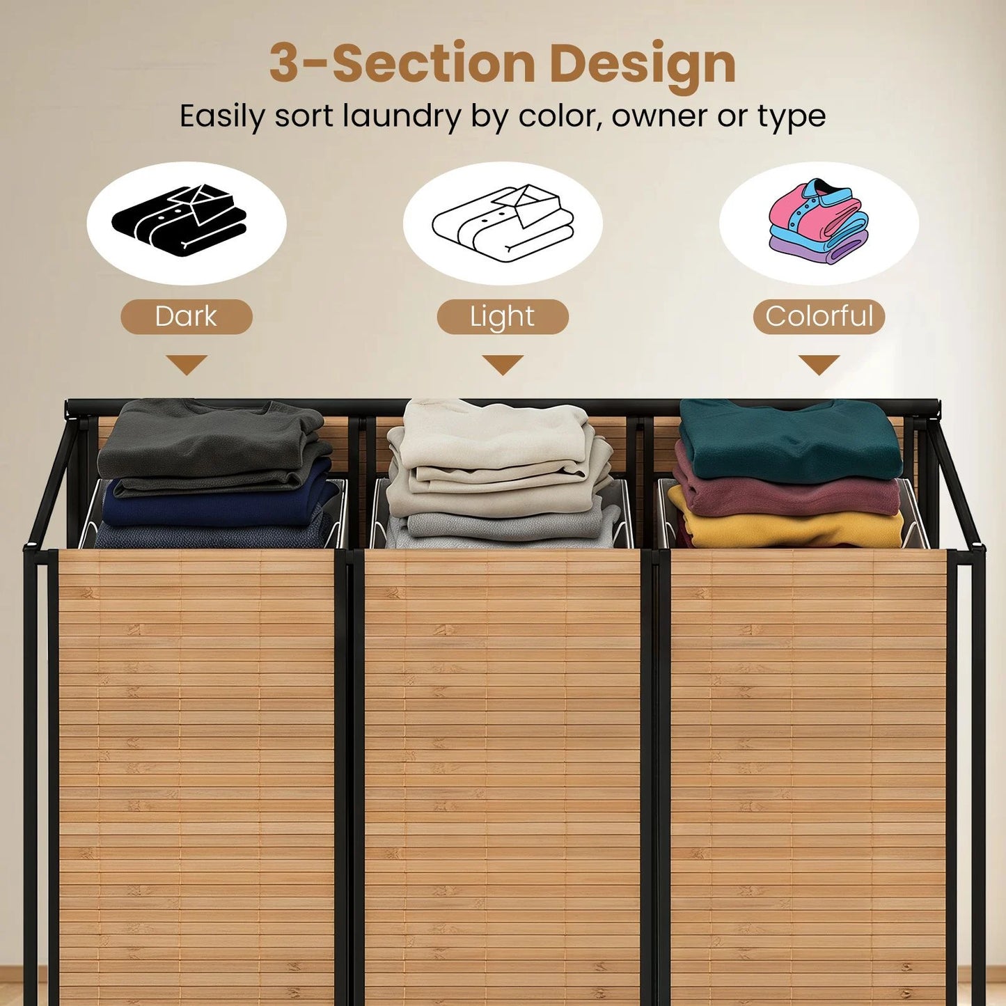 66CM Tall Rolling Laundry Hamper with 3 Sections and Lid and Lockable Wheels