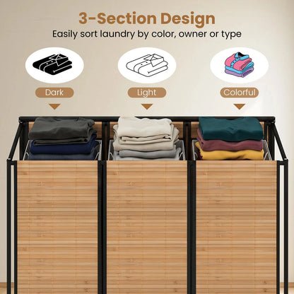 66CM Tall Rolling Laundry Hamper with 3 Sections and Lid and Lockable Wheels