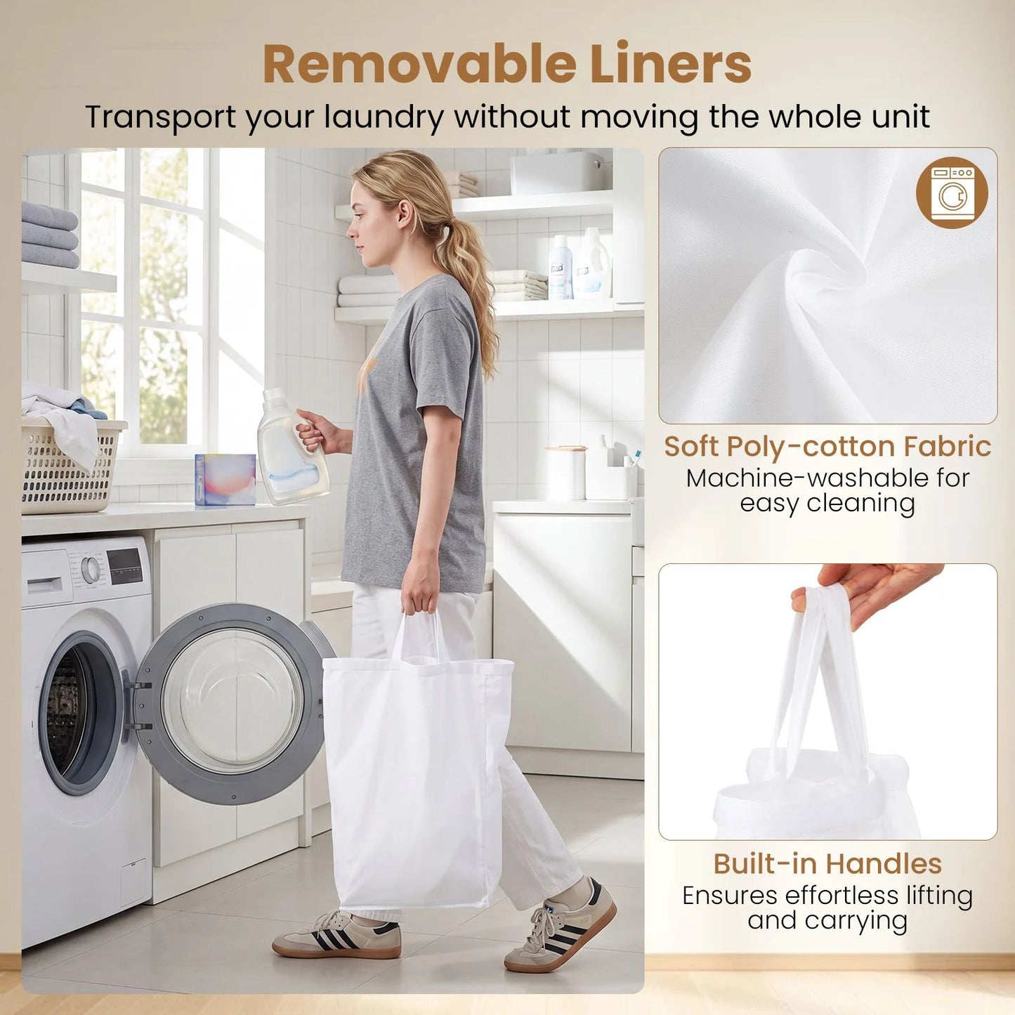 66CM Tall Rolling Laundry Hamper with 3 Sections and Lid and Lockable Wheels