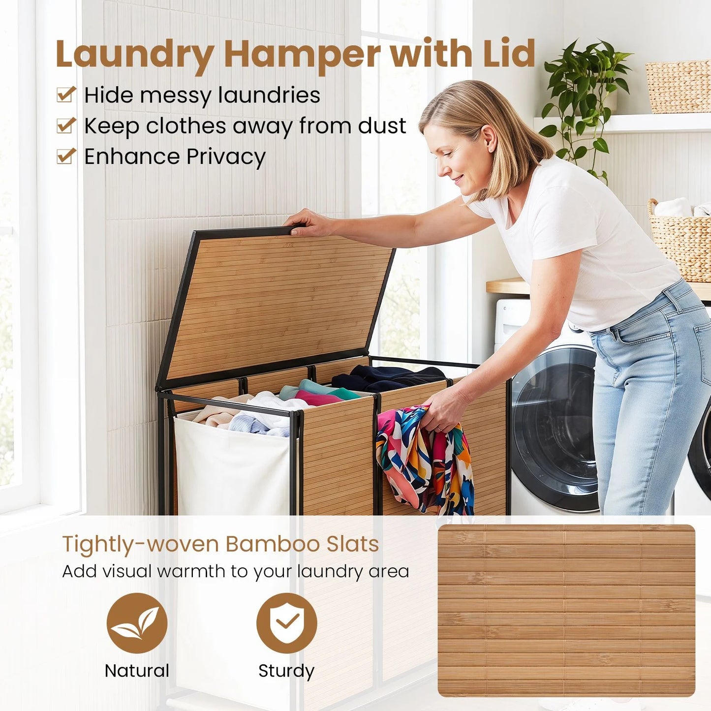66CM Tall Rolling Laundry Hamper with 3 Sections and Lid and Lockable Wheels