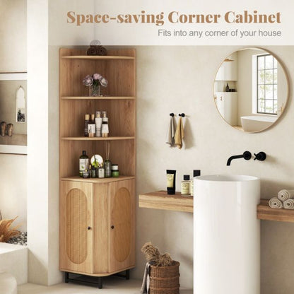 172 cm Tall PE Rattan Corner Cabinet with 2 Doors and 4 Open Shelves
