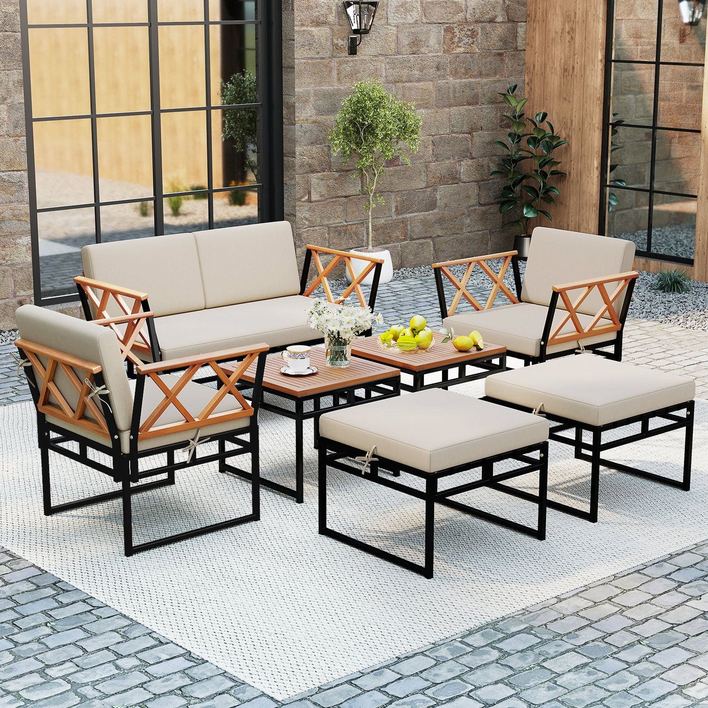 7 Piece Outdoor Conversation Set with Ottomans for Porch