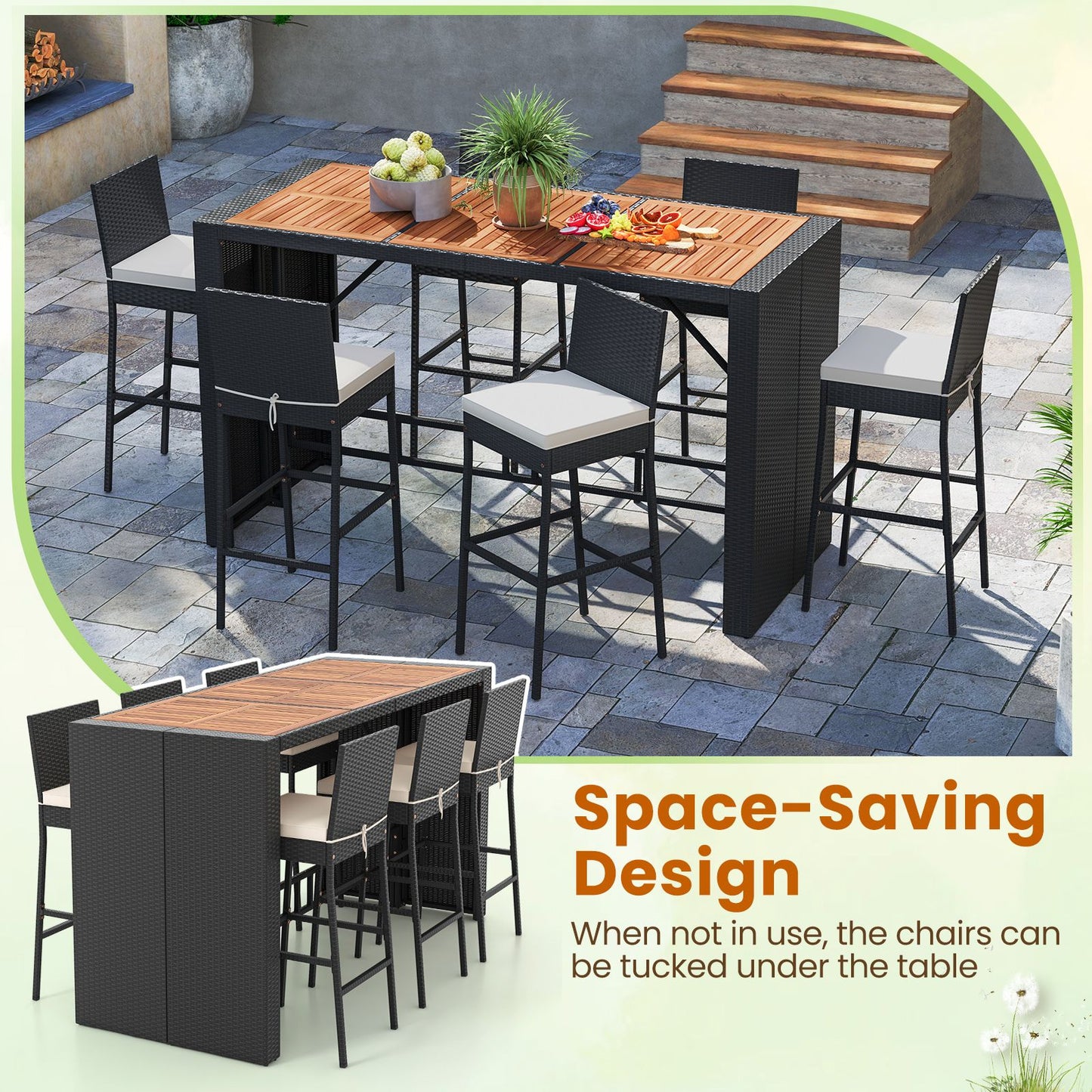 7-Piece Patio Bar Dining Set PE Rattan Furniture Set with Acacia Wood Tabletop and Soft Cushions