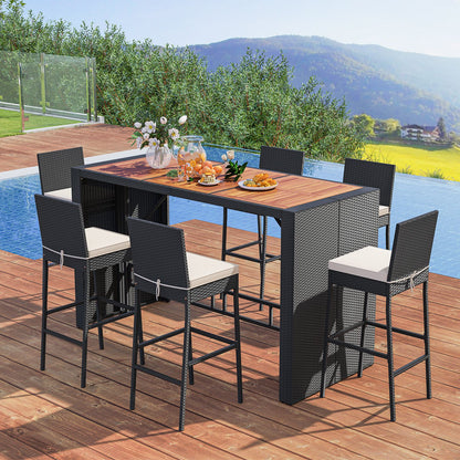 7-Piece Patio Bar Dining Set PE Rattan Furniture Set with Acacia Wood Tabletop and Soft Cushions