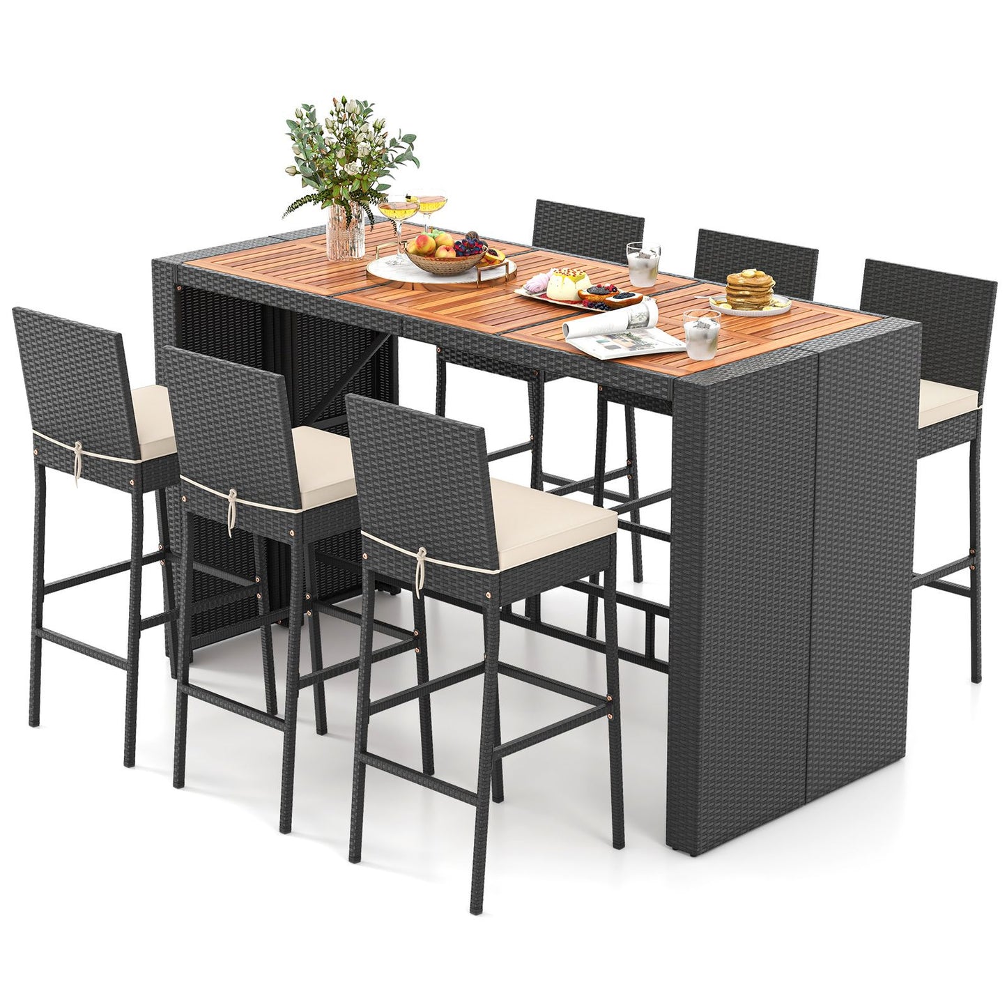 7-Piece Patio Bar Dining Set PE Rattan Furniture Set with Acacia Wood Tabletop and Soft Cushions