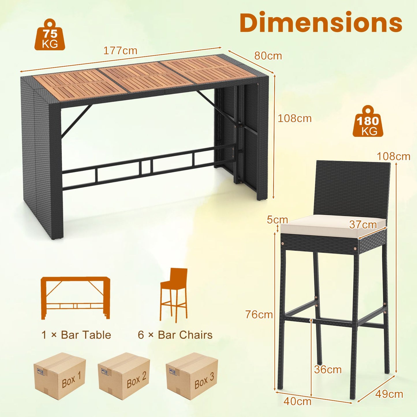 7-Piece Patio Bar Dining Set PE Rattan Furniture Set with Acacia Wood Tabletop and Soft Cushions