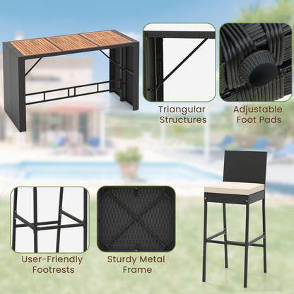 7-Piece Patio Bar Dining Set PE Rattan Furniture Set with Acacia Wood Tabletop and Soft Cushions