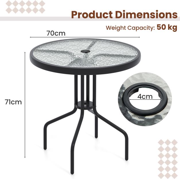 70CM Patio Dining Table with Heavy-Duty Metal Frame and Rippled Tempered Glass Top