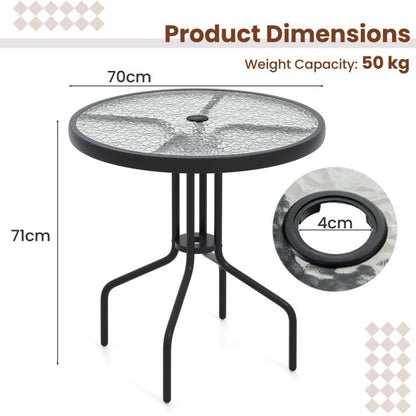 70CM Patio Dining Table with Heavy-Duty Metal Frame and Rippled Tempered Glass Top