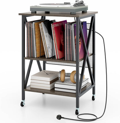 Turntable Record Player Stand with Builtin Charging Station and Divider