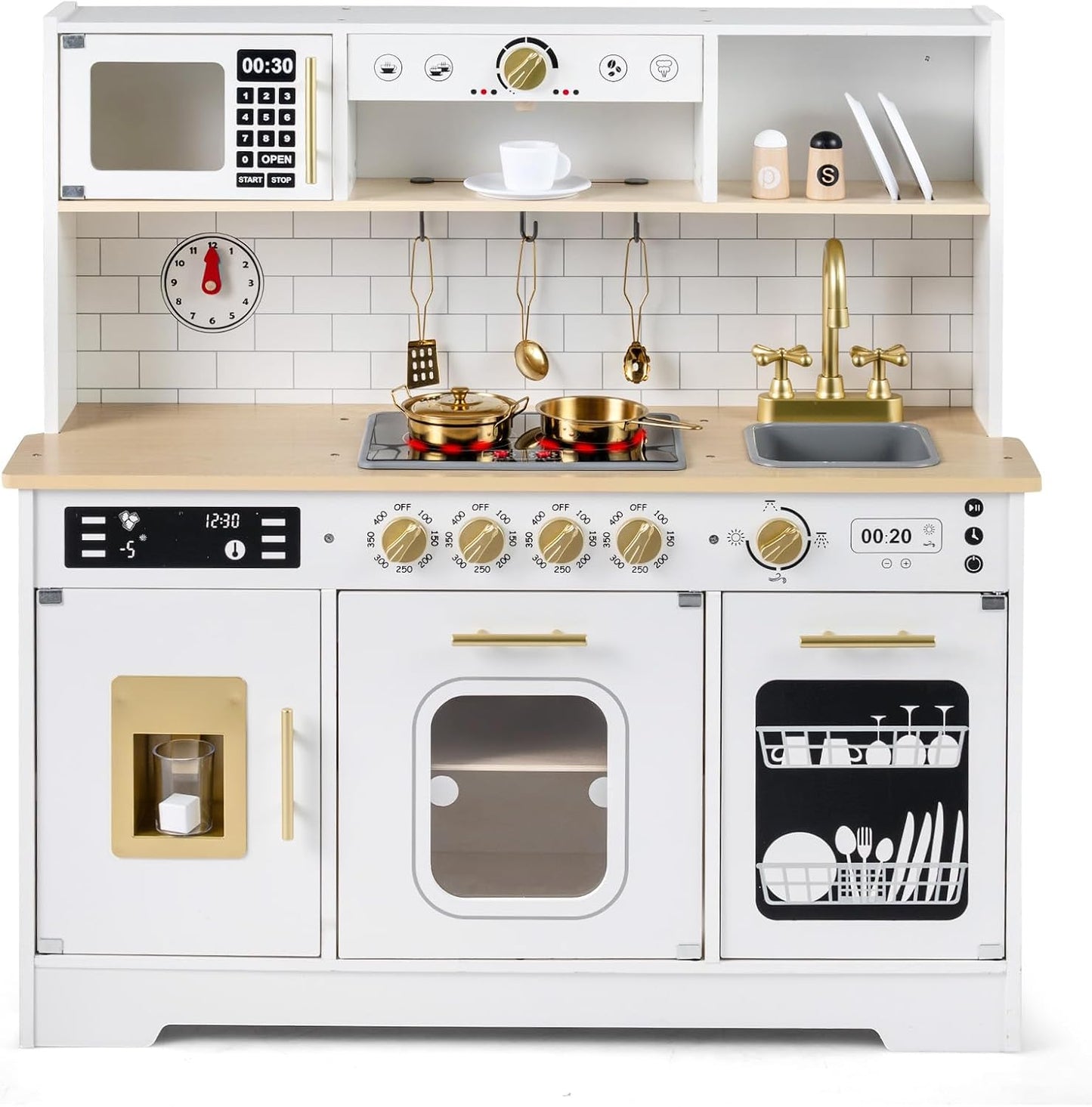 Kids Play Kitchen, Wooden Pretend Toy Kitchen with Realistic Lights & Sounds