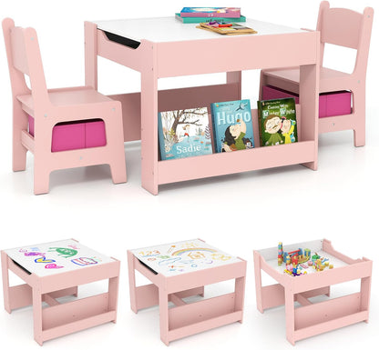 4 in 1 Kids Table and Chairs Set with Reversible Tabletop and Bookshelves