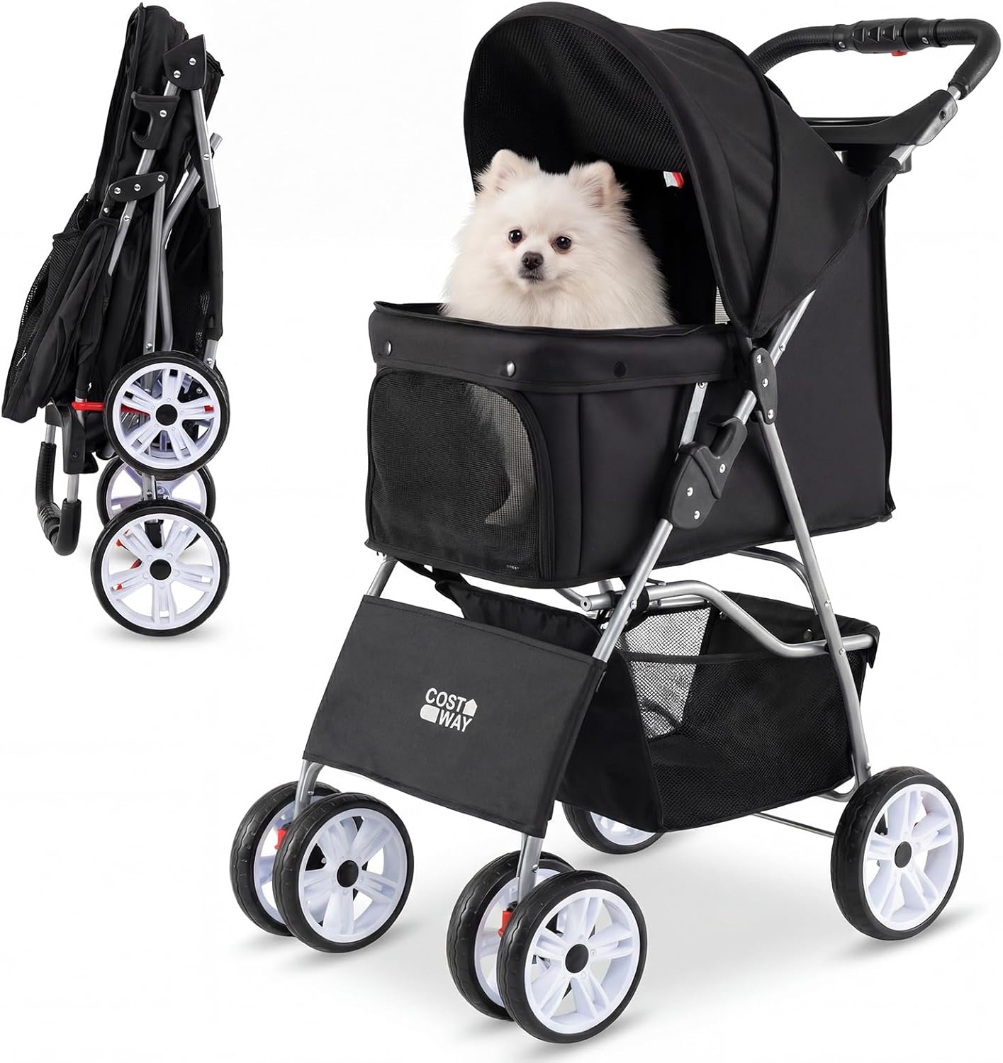 Pet Stroller, 4 Wheels Foldable Dog Pushchair Cat Pram with Adjustable Canopy