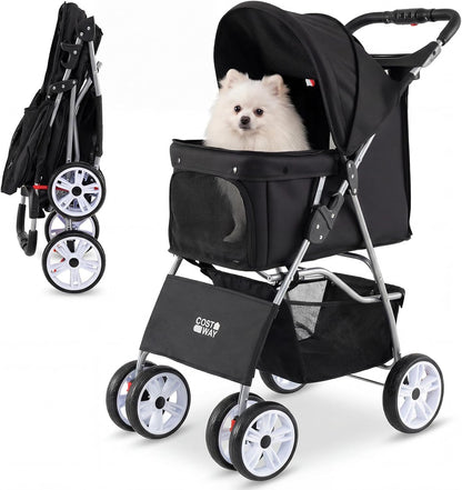 Pet Stroller, 4 Wheels Foldable Dog Pushchair Cat Pram with Adjustable Canopy