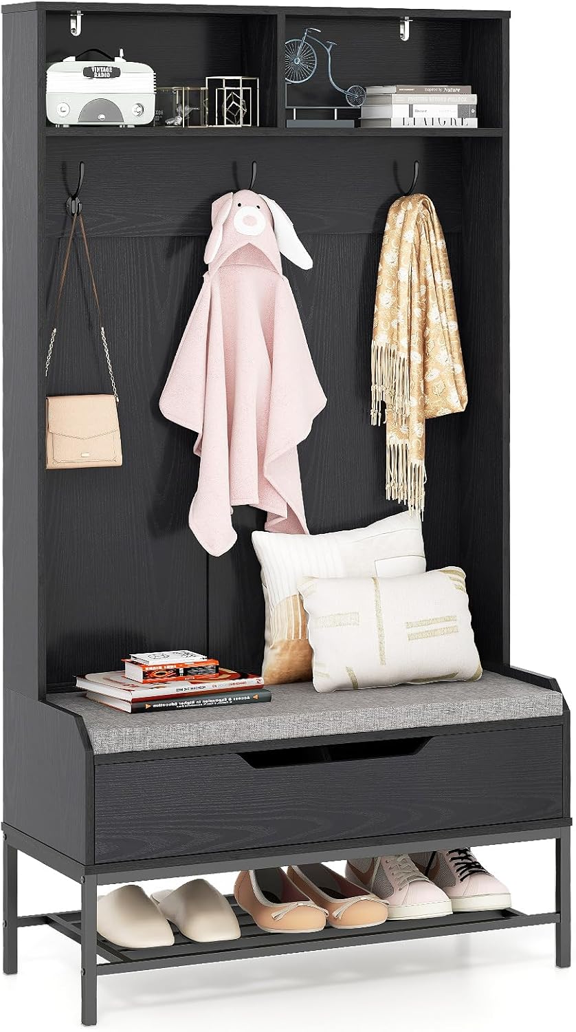 4-in-1 Coat Rack with Seat Cushion and Open Compartments