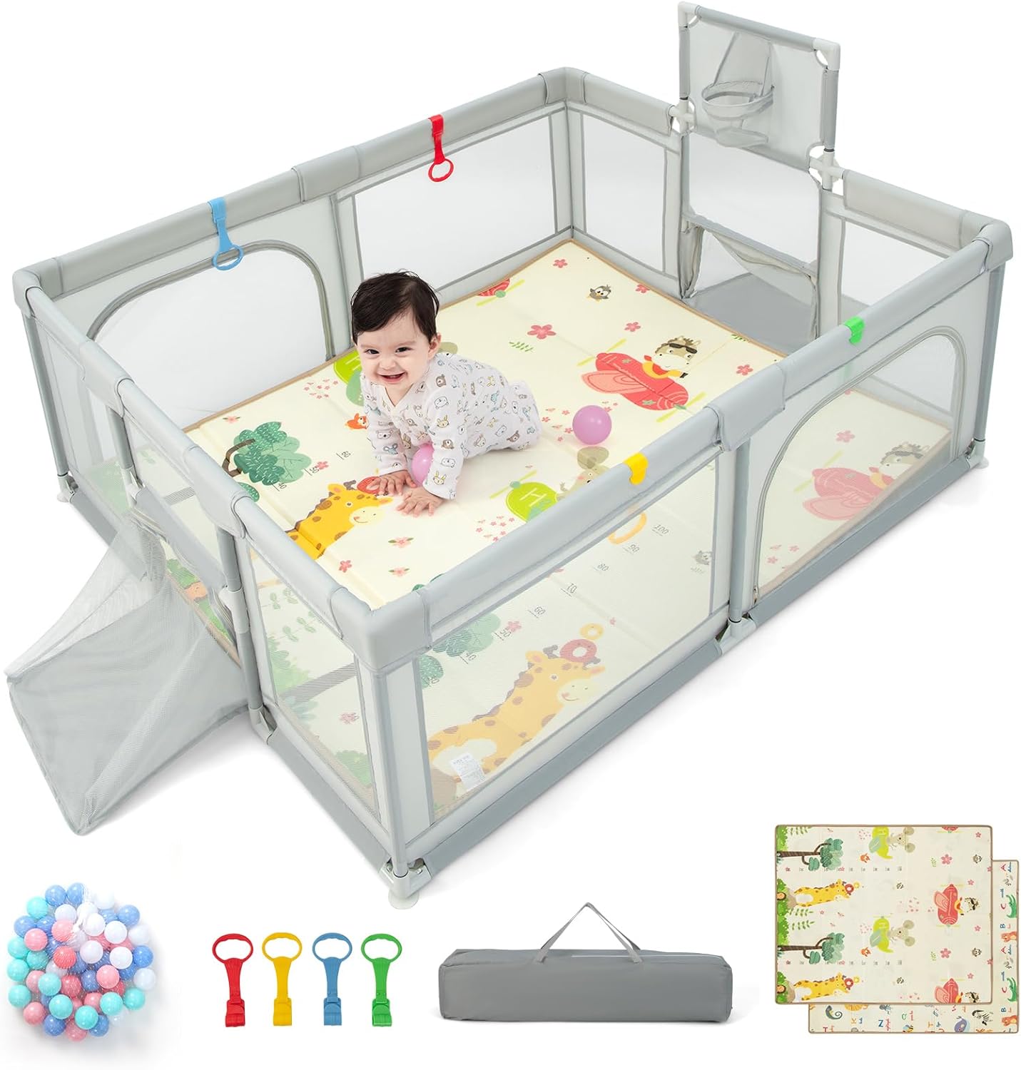 Toddler Mesh Play Pen with Mat, Pull Rings