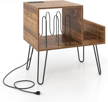 Record Player Stand with Power Outlet and Removable Dividers