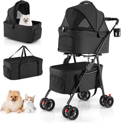 Double Pet Stroller, 4 Wheels Foldable Dog Pushchair Cat Buggy
