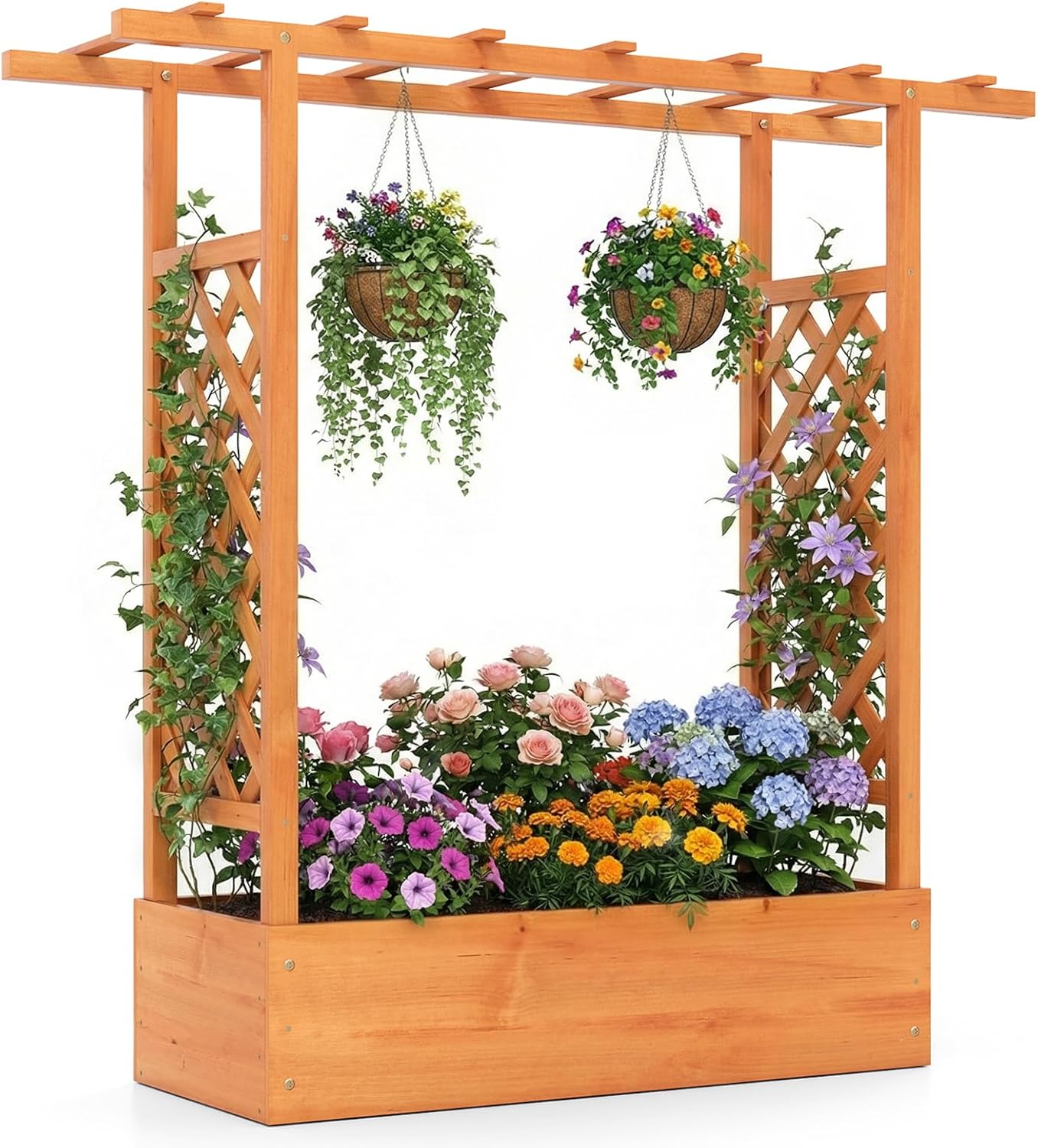 Garden Planter with Trellis, Hanging Roof and Drainage Holes