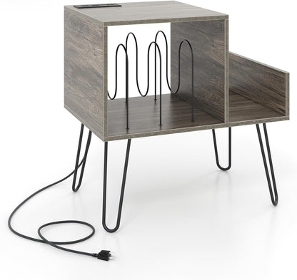 Record Player Stand with Power Outlet and Removable Dividers