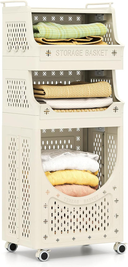 3/4-Tier Laundry Basket Trolley on Wheels, Foldable Laundry Hamper Cart
