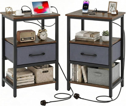 Nightstand Bedside Table with Charging Station and Drawer