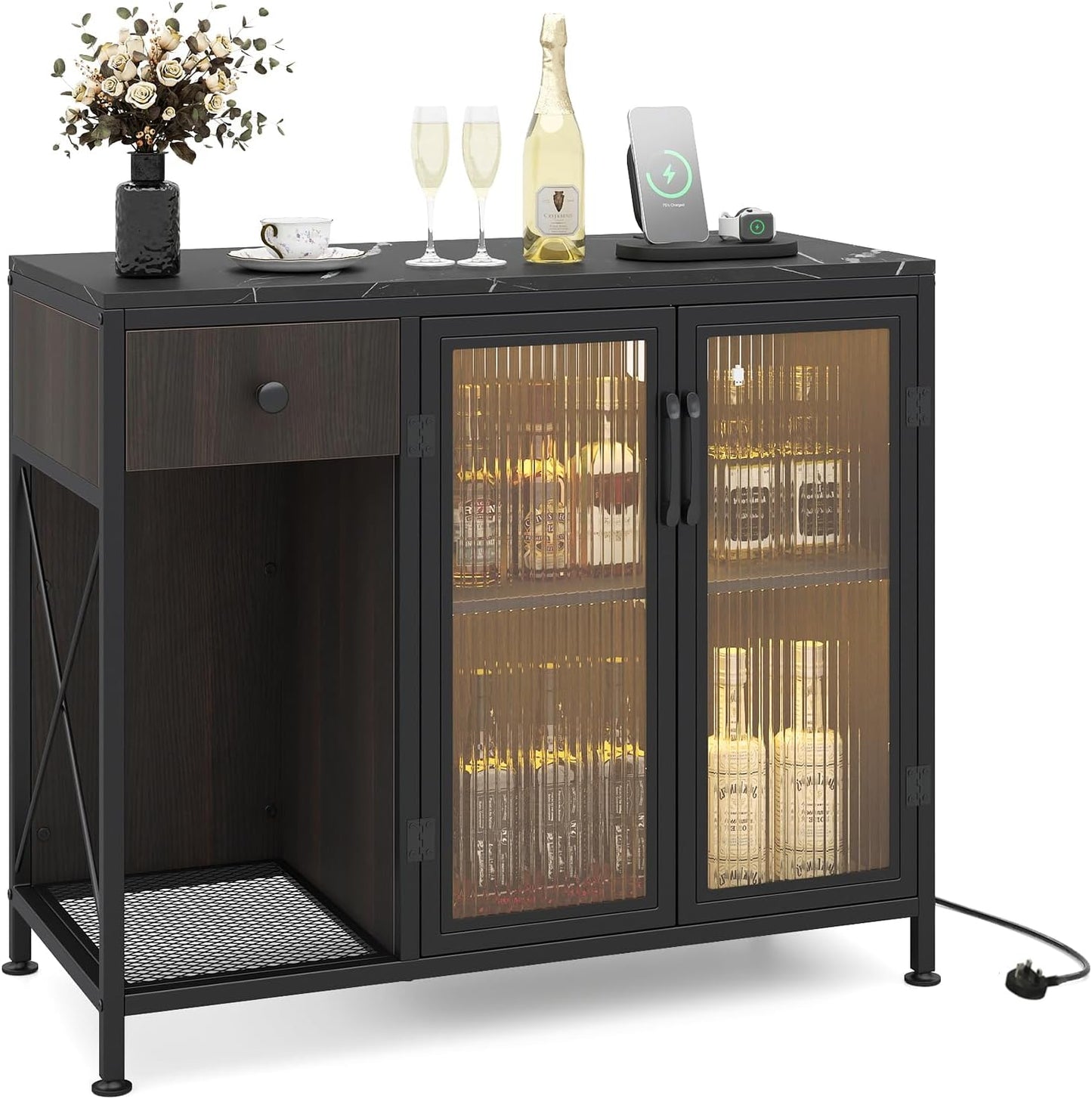 Buffet Sideboard with Power Outlets & RGB LED Lights, Wooden Storage Cabinet