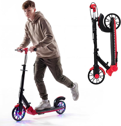 Folding Kick Scooter, 2 Flash Wheels Scooter with 3-Level Adjustable Handlebar and Rear Foot Brake