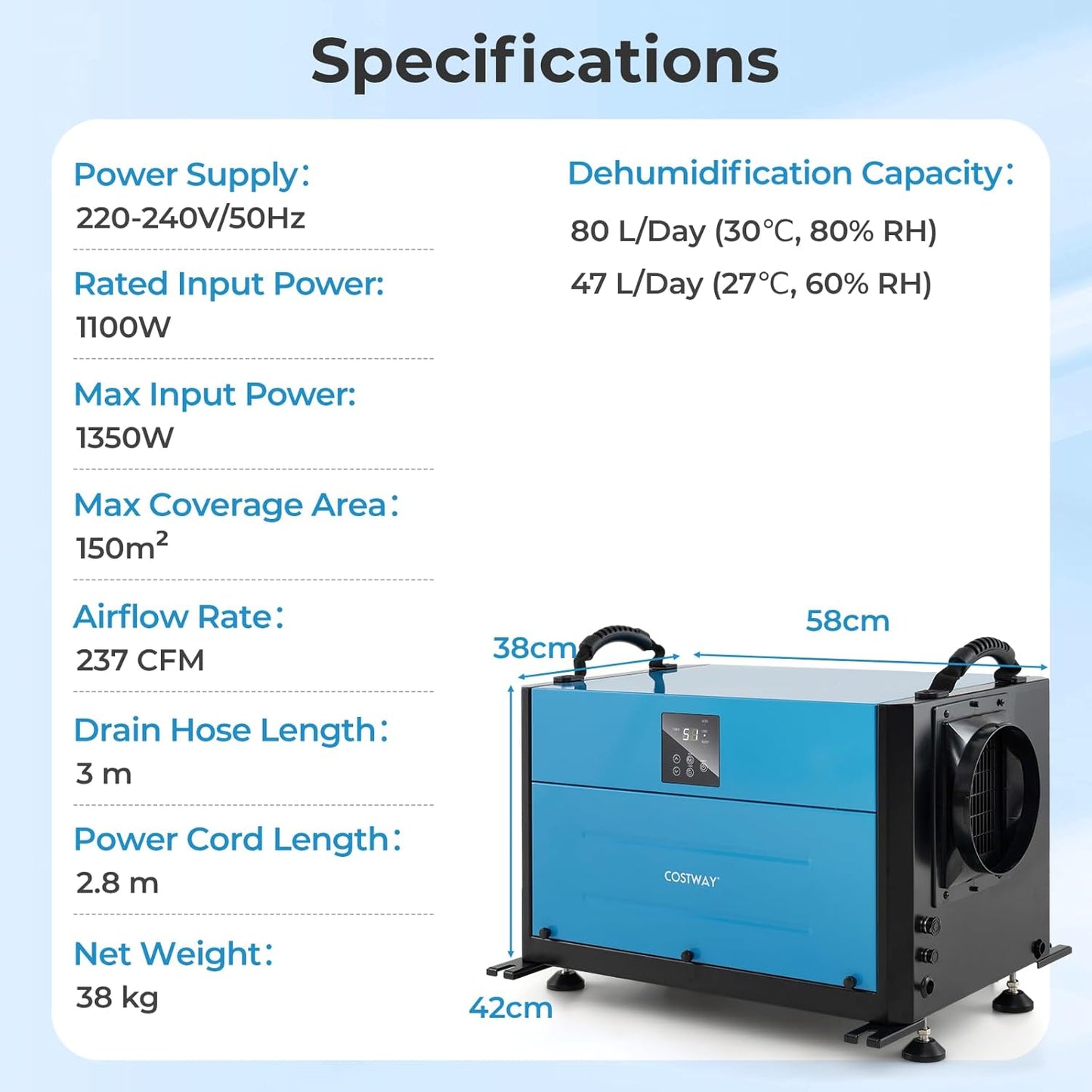 50/70/80L/Day Crawl Space Dehumidifier with 3 Modes and 24H Timer