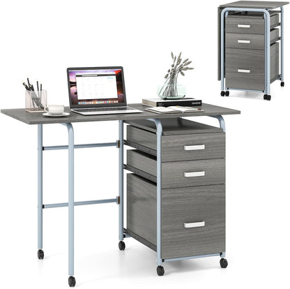 Folding Computer Desk, 2-In-1 Mobile PC Laptop Table with Rolling Wheels and 3 Drawers, 105x50x75cm