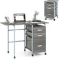 Folding Computer Desk, 2-In-1 Mobile PC Laptop Table with Rolling Wheels and 3 Drawers, 105x50x75cm