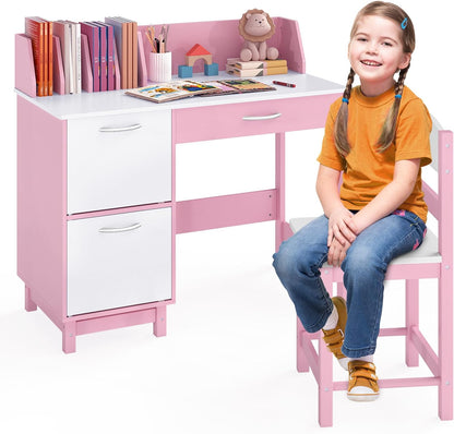 Kid's Study Desk and Chair Set with Deep Drawer and Enclosed Cabinets