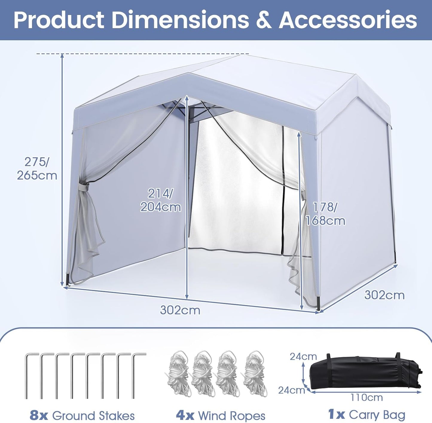 3m x 3m Pop up Canopy Tent with Sidewalls and Netting