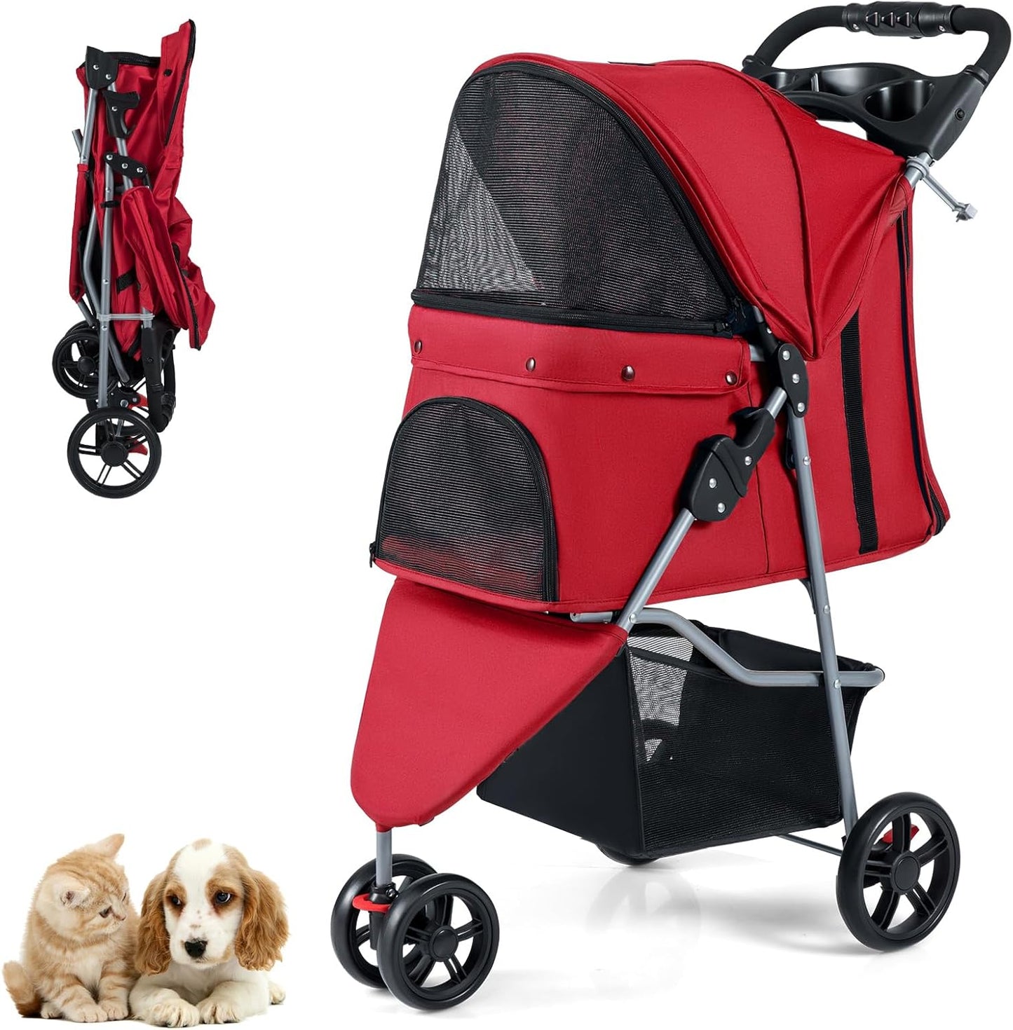 Pet Stroller with Adjustable Canopy and 3 Shock-absorbing Wheels