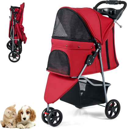 Pet Stroller with Adjustable Canopy and 3 Shock-absorbing Wheels
