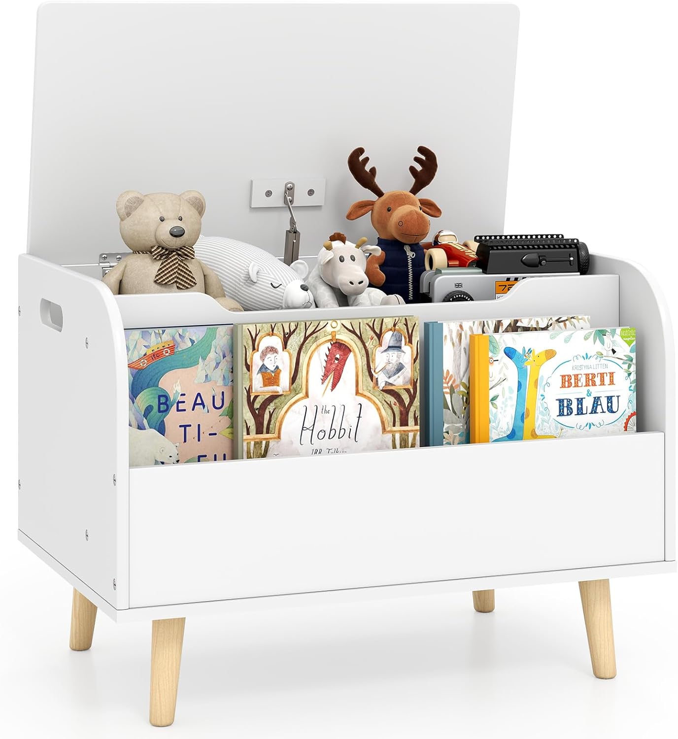 Wooden Toy Box, Kids Storage Chest with Flip-top Lid, Front Bookshelf
