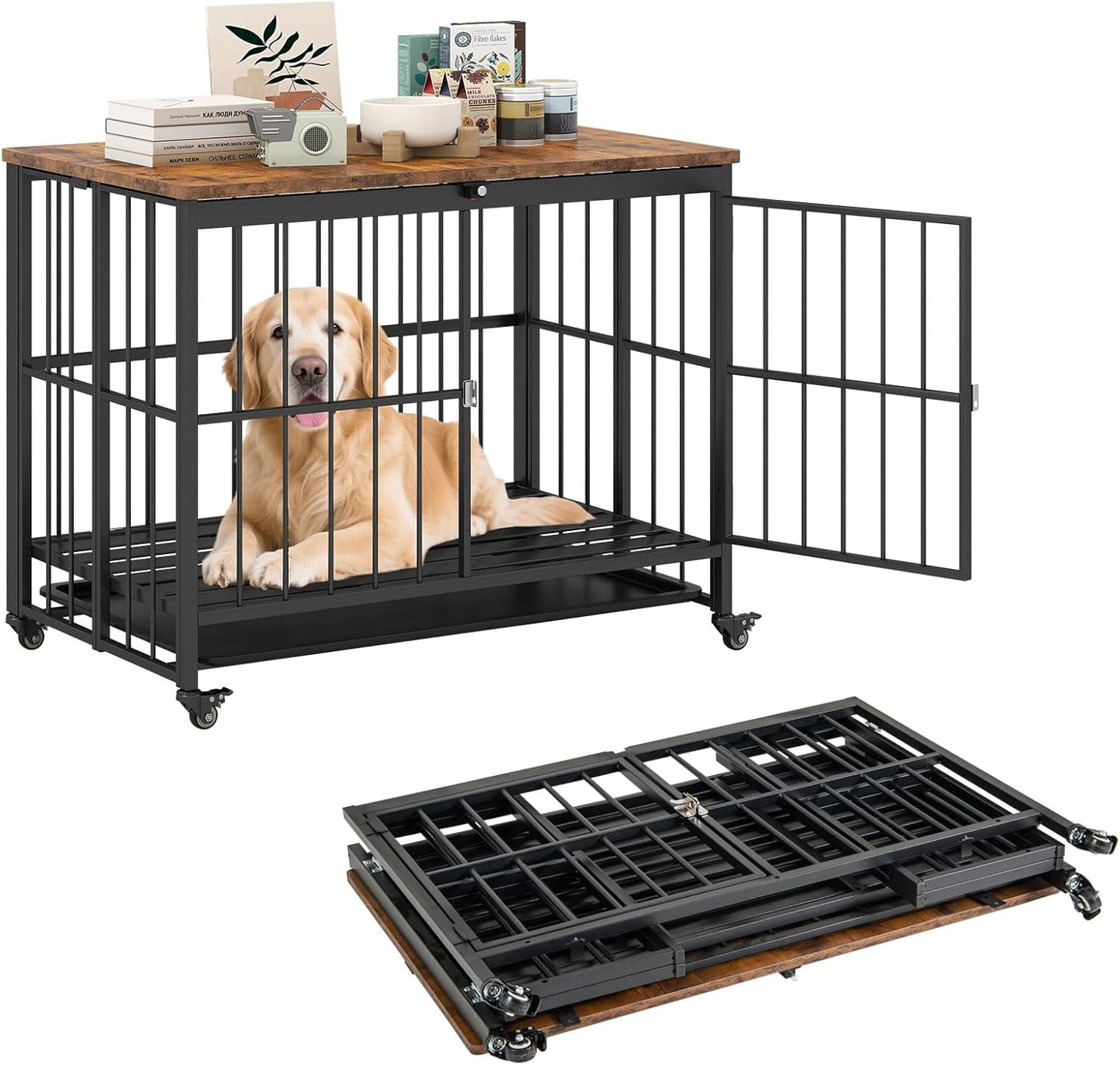 Dog Crate Furniture on Wheels, Foldable Dog Kennel Side Table with Lockable Door