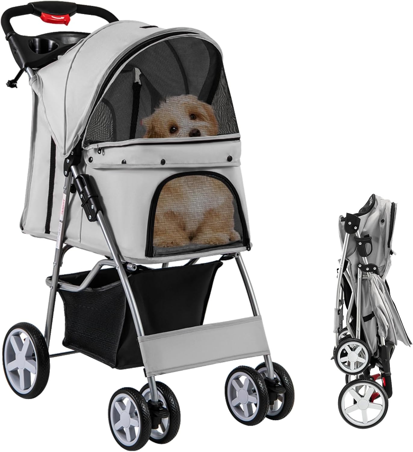 4-Wheel Folding Pet Stroller with Storage Basket and Adjustable Canopy