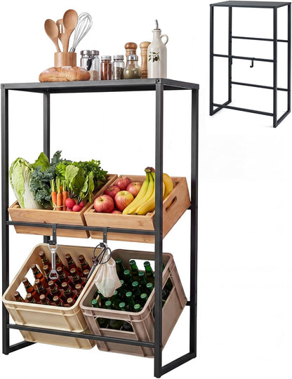 3-Tier Drink Crate Rack, Metal Bottle Storage Shelf with 3 Adjustable Angles & 2 Hooks