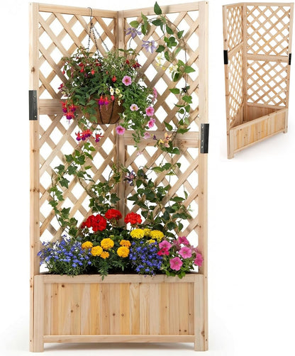 Wooden Planter with Trellis, Corner Raised Garden Bed with Drainage Holes