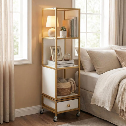 4-Tier Rotating Bookshelf, 360° Spinning Bookcase Tower with Wheels and Removable Fabric Storage Drawer
