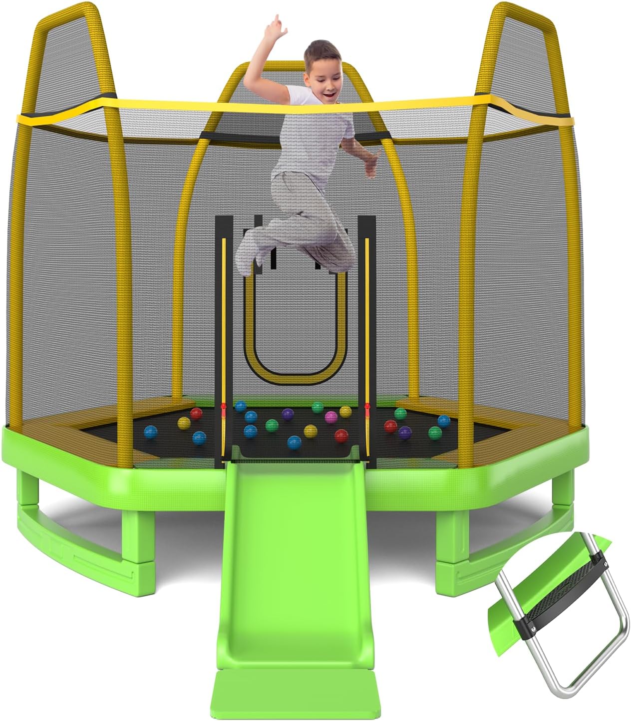 7 Feet Hexagonal Trampoline with Slide and Safety Enclosure Net