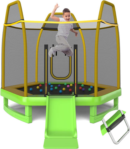 7 Feet Hexagonal Trampoline with Slide and Safety Enclosure Net