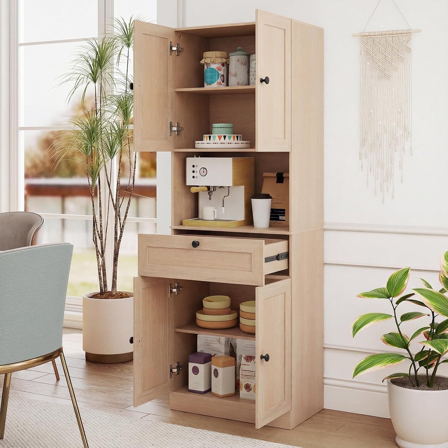 171.5cm Tall Kitchen Cupboard, 4-Door Pantry Storage Cabinet with Adjustable Shelf