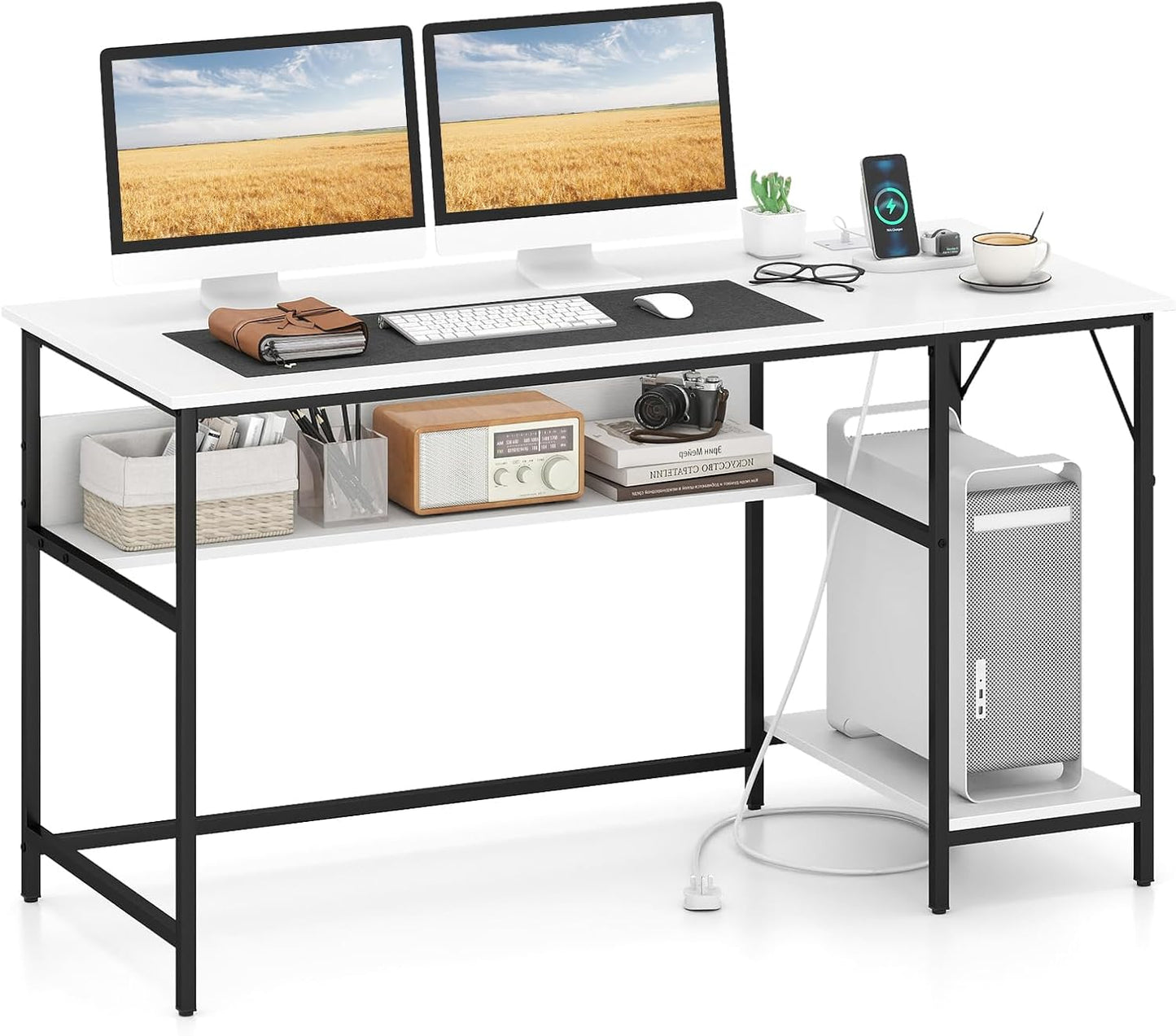 140 x 60 CM Computer Desk with Charging Station Home Office PC Desk with 4 Power Outlets and 2 USB Ports